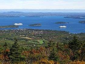 Aerial photograph of Bar Harbor, Maine, the real life locale Far Harbor is based on.