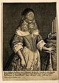 A three-quarter length portrait of a woman standing with her hand on an organ.  The woman has long hair flowing from her face and wears 17th century clothes: a corseted dress and apron.