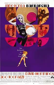 Multicolored, comic-like film poster of Barbarella and other characters