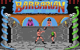 On the left and right of the screen stands a pillar entwined with a snake. Above them, in the top corners, are circles that represent the life points of the barbarian fighters. A banner, emblazoned with the word "Barbarian", lies in the top centre. The players' scores are displayed below the word. The lower centre of the screen depicts a stone-walled room with two high windows. A bald man in purple robes stands in the window on the left. A black haired busty woman in a red bikini stands in the right. In the room are two loincloth-wearing men who are fighting each other with swords. The left man has chopped off the right man's head.