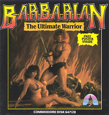 A busty woman with long curly hair lounges on the floor. She is wearing a tiny bikini. A muscular man, wearing a loincloth, stands above her, holding a sword upright in his hands. The background is of a painted rocky surface in flames. The words "Barbarian: The Ultimate Warrior" are emblazoned above the pair.