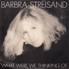 A black and white photograph of Streisand appears along with her name and the song title in white above and below her, respectively.