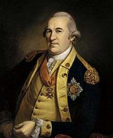 Painting of a portly, gray-haired man wearing a dark blue military coat with buff lapels and a buff waistcoat.