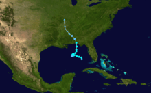 Track map of tropical storm. The Florida Panhandle is situated near the center of the map.