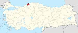 Bartın highlighted in red on a beige political map of Turkeym