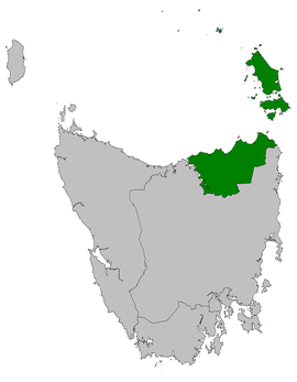 Map of the Tasmanian Legislative Council divisions, Derwent highlighted in crimson.