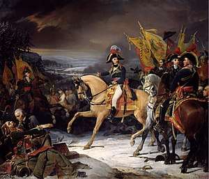 Painting of a general on horseback surrounded by his staff, prisoners, and captured flags, amid wintry weather
