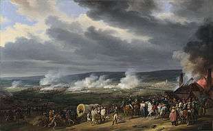 Painting of a hilltop where a number of generals and their staff watch a distant battle with puffs of smoke.