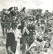 Black and white drawing of French Republican soldiers on the firing line.