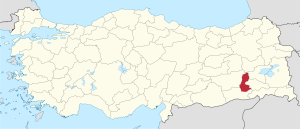 Batman highlighted in red on a beige political map of Turkeym