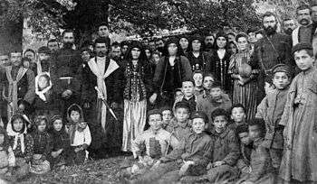 A late nineteenth-century photograph of a Batsbur wedding in the village of Zemo Alvani (eastern Georgia). This image was scanned by Alexander Bainbridge from an original print kept in a private collection in the village of Zemo Alvani in 2007.