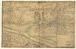 A stained and discolored manuscript sketch. The two man roads of Trenton run parallel north-south, with the bridge over Assunpink Creek just to the south. Further south and west the wide Delaware River is shown. The American force indicators are shown moving along two roads that approach Trenton from the northwest; some forces move across the bridge to the southeast side of the creek, while others envelop the Hessian forces attempting to form up to the east of the town.