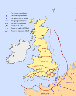 A map of Great Britain showing the range of its radar. The ranges reach out into the North Sea, English Channel and over northern France