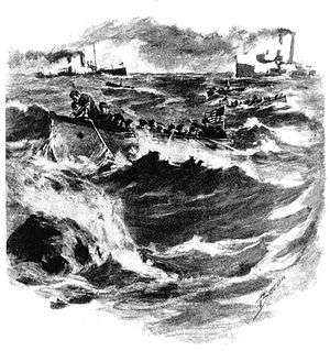 sketch of Marines in rowboats in heavy seas cutting undersea cables, while two ships in the background return fire