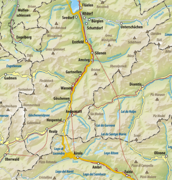 Map shows the area where the Battle of Gotthard Pass was fought.