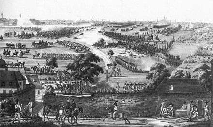 Black and white print of an 18th-century battle. Austrian cavalry and infantry advancing from left to right are routing French soldiers.