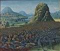 A large crowd of soldiers fighting at a high hill