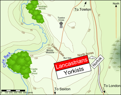 A map illustrating Mowbray's flank attack at the Battle of Towton