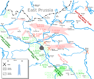 Map showing Central Poland and southern part of East Prussia, with arrows showing main Russian and Polish attacks