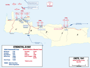 A map depicting the various places where the Germans landed troops on the island of Crete