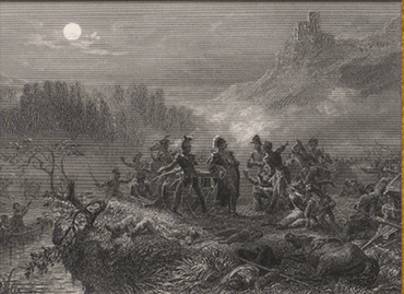 A black and white lithograph of a battle scene in which several men stand on a cliff, looking at a piece of paper. In the intermediate ground, several small boats carry soldiers. In the distance, steep mountains surround a small village on three sides, and a moon shines through the clouds.
