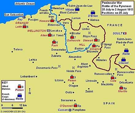 Map shows the positions of Anglo-Allied and French units in the Battle of the Pyrenees on 25 July 1813.