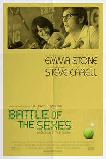 The upper half of the poster shows a sepia toned image, of a man and a woman speaking at before a bank of microphones. Below a tennis ball.