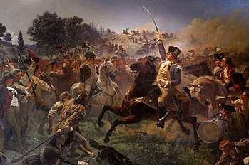 Painting shows a general on horseback with his sword raised in the center of the scene. All around are his aides, other officers, and soldiers.