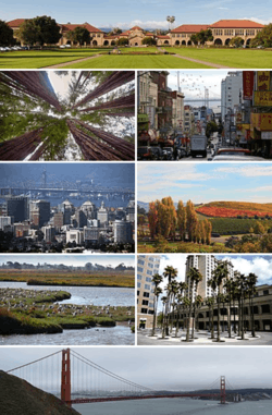 A montage of eight pictures of different locations in the Bay Area
