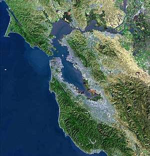A satellite image of the Bay Area, depicting features visible from space.