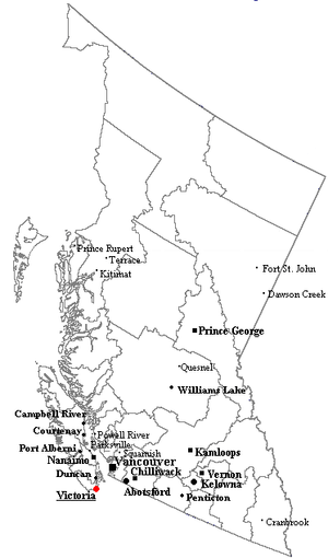 Outline map of British Columbia with significant cities and towns.