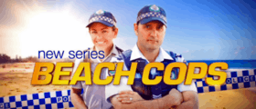 A female and male police officer look to camera with a beach background, with the words BEACH COPS superimposed