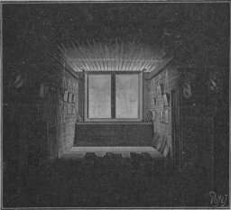 Woodcut? of a room with lighting only near the window