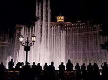 A crowd, silhouetted against and watching the illuminated fountains at the Bellagio Resort in Las Vegas, Nevada.