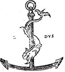A picture of a dolphin wrapped around an anchor, which was Manutius's imprint.