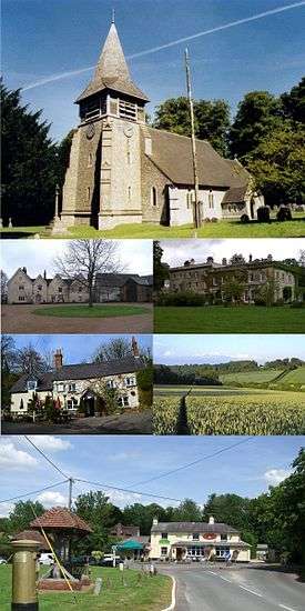 A montage showing key places in Bentworth. Clockwise from the top; St Mary's Church, Thedden Grange manor, farmland and hills near Childer Hill, Bentworth village centre (with the Star Inn, gold postbox and mini-roundabout in the distance), the Sun Inn, and Hall Place manor