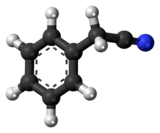 Ball-and-stick model of the benzyl cyanide molecule