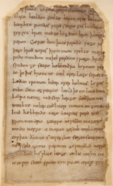 Colour photograph of folio 137r of the Beowulf manuscript
