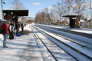 A snow-covered train station with a double track line. There are people waiting under the shelter on the left platform, while the right platform and shelter are empty.