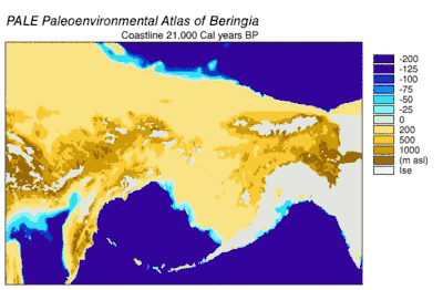 Image of the Bering land bridge being inundated with rising sea level across time