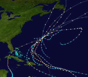 Regional map showing the paths of nine tropical cyclones, all converging on Bermuda