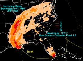 Filled contoured map showing areas of North America; each contour represents a change of 3&nbsp;in (75&nbsp;mm) in precipitation totals.