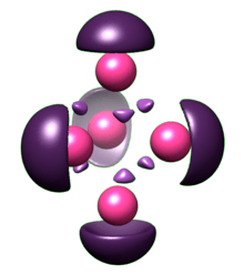 A trigonal bipyramidal arrangement of bismuth centers with bonding localization on the faces and lone pair clouds enshrouding the vertices.