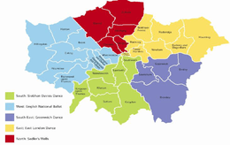 A map of Big Dance Hubs and their associated boroughs in London.
