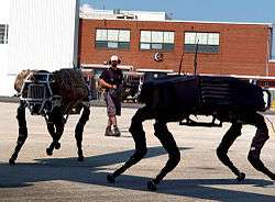 Two large robot dogs in motion, with a man holding an open box of equipment to control them