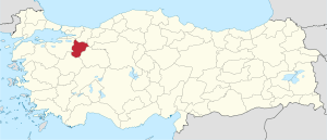 Bilecik highlighted in red on a beige political map of Turkeym