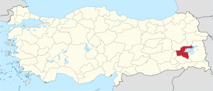 Bitlis highlighted in red on a beige political map of Turkeym