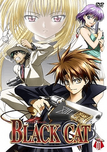 A DVD cover with a white background shows four people and a white cat. In the bottom there is a young adult wearing a black coat and smiling while he holds a gun with his right hand. In the left there is a smoking man with green hair wearing a white suit, an eye patch on his right eye, a white hat, a red tie. He holds a white suitcase with his right hand while pointing his left hand to a white cat. In the right, there is a woman with purple hair and a gun in her hands. She is wearing a white skirt, green clothes and a pendant on her neck. Along the background there is the face of red-eyed girl with yellow hair and black clothes. In the bottom, along the first character mention, the title from the TV series, Black Cat, is shown in capital with brown color.