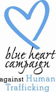 A blue heart shape, with the caption "blue heart campaign", then in a different font, "against Human Trafficking".