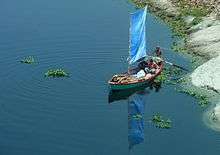 Small boat with a blue sail
